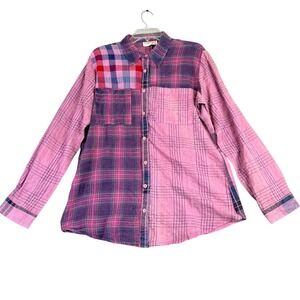 Vintage Goa Large Pink Purple Plaid Button Down Patchwork Cotton Shirt Boho NWT